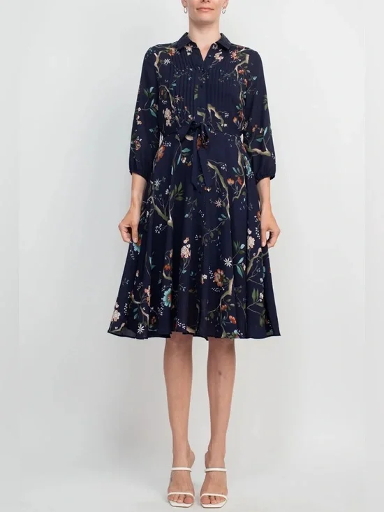 (NWT) NANETTE LEPORE Navy Floral Print Pintuck Dress - Picture 16 of 16